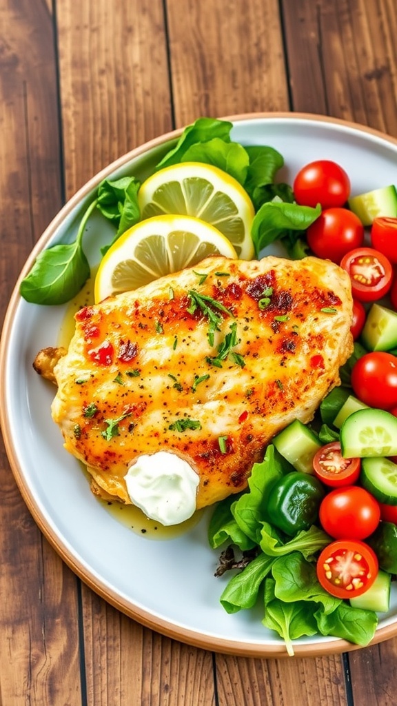 Air fryer chicken breast marinated in Greek yogurt, served with a fresh salad on a rustic table.